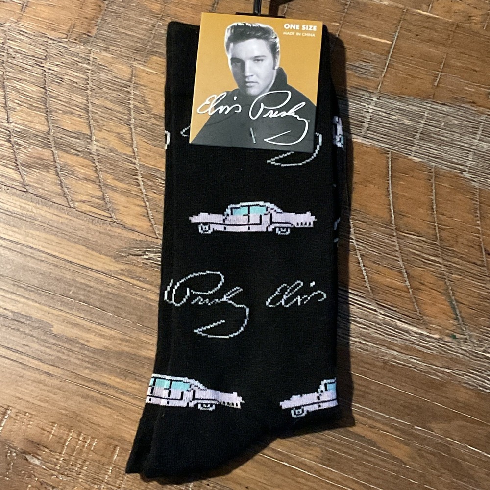 NEW Elvis Presley Pink Cadillac Signature Black Crew Socks Mens US Shoe 7-12‎